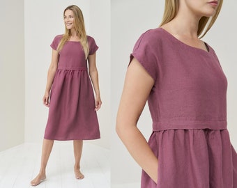 Summer Breeze: Vestido Suelto de Lino con Mangas y Bolsillos - Cómodo Vestido Midi para Mujer