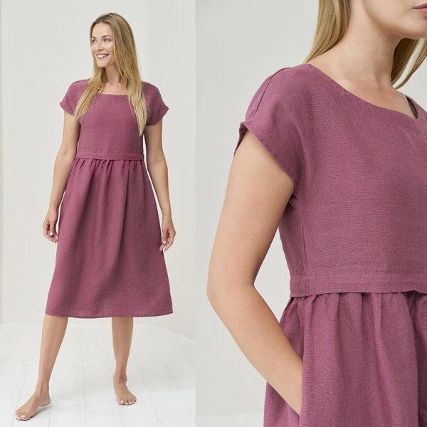 Summer Breeze: Vestido Suelto de Lino con Mangas y Bolsillos - Cómodo Vestido Midi para Mujer