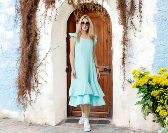 Mint Linen Comfy Lounge Dress with Pockets - Midi Summer Dress