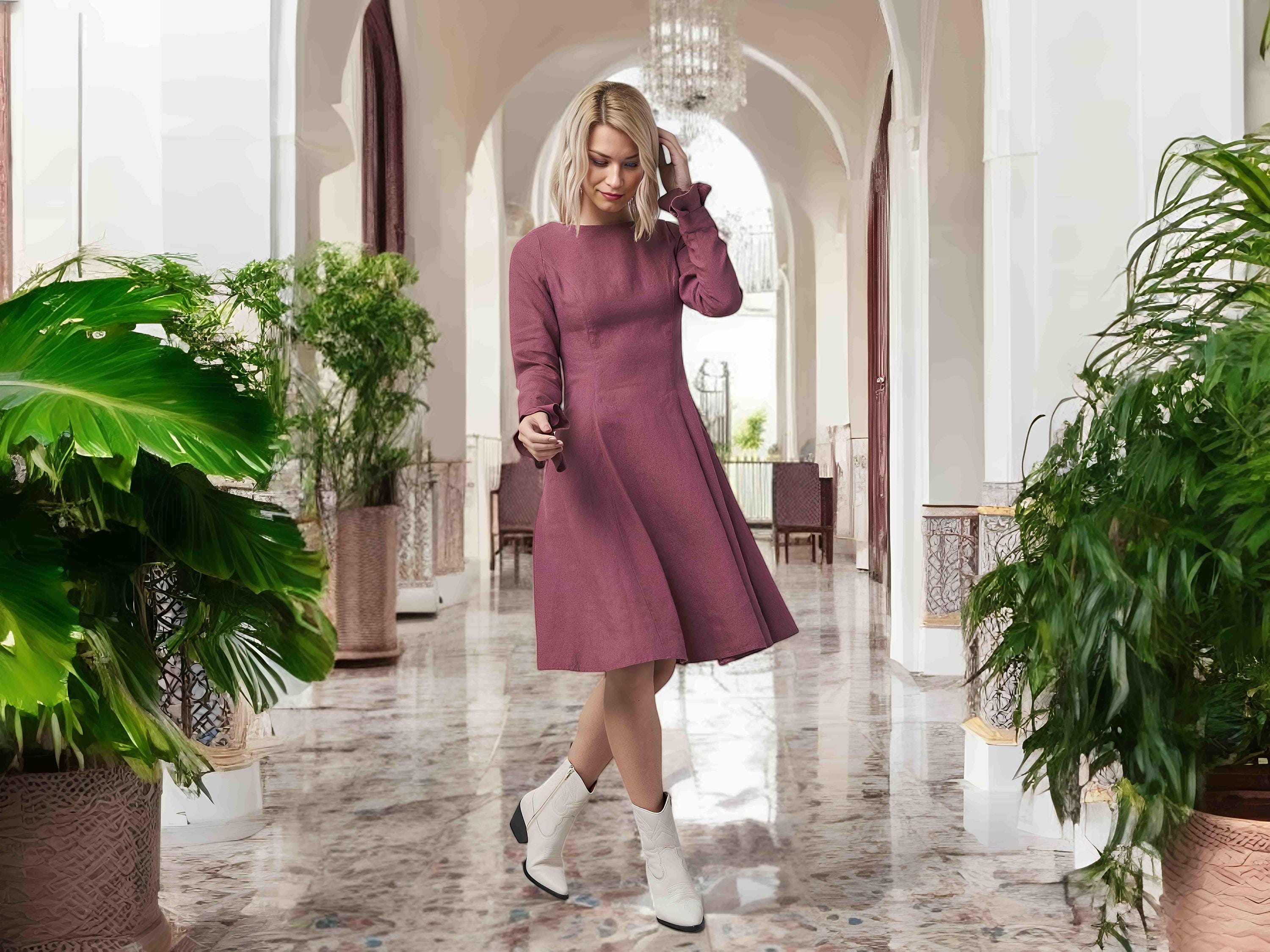 Womens Long Sleeve Linen Summer Midi Dress Effortlessly Elegant