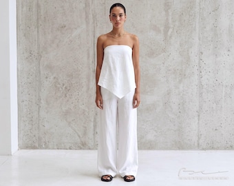 Conjunto de lino para mujer, top asimétrico sin tirantes, pantalón de lino de pierna ancha, conjunto de dos piezas de lino, conjunto de lino hecho a mano, conjunto de lino para verano