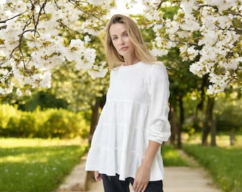 Nette ontspannende linnen zomerse pure zachte losse blousetop voor dames