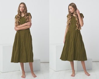 Summer Linen Dress with Pockets for Women - Soft Olive Short Sleeve Dress for Every Occasion