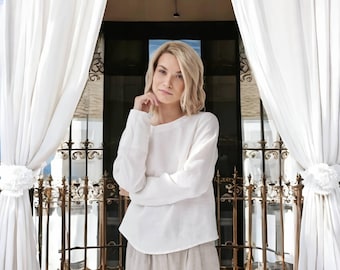 Damen Leinen Top Bluse - Sommer Shirt mit langen Ärmeln - Perfekt für den Herbst