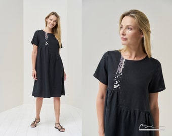 Loose Fit Bedrucktes Leinen Sommerkleid - Leinen Midi Kleid mit weichem Stoff