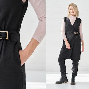 Elegant Black Waistcoat, Black Wool Midi Vest, Sleeveless Cardigan