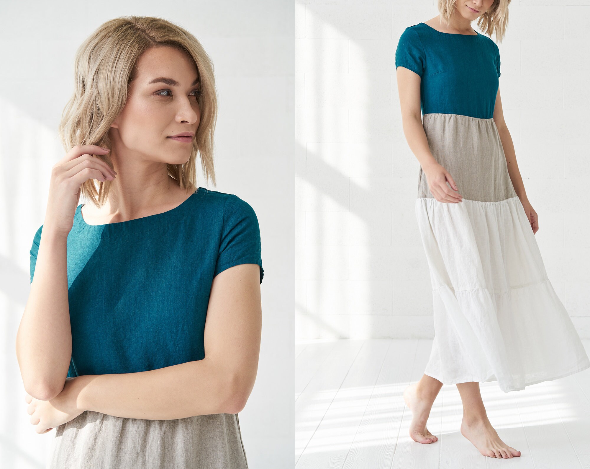Summer linen dress in three colour blocks soften linen Etsy