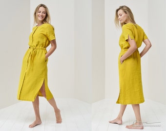 Organic Linen Midi Dress with Belt - Womens Chic Summer Dress