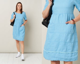 Linen Summer Dress with Pockets - Short Sleeve Loose Fit Dress Perfect for All Seasons