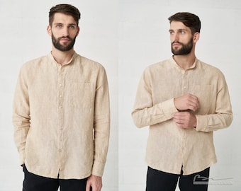 Camisa de verano de manga larga con botones de lino clásico para hombre