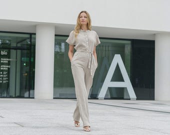 Womens Linen Summer Jumpsuit - Loose-Fitting Overalls Perfect for Any Occasion!