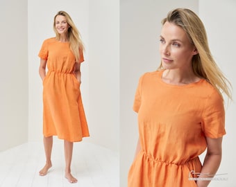 Leinen Midi Sommerkleid - Kurzarm Freizeitkleid mit elastischer Taille für Frauen