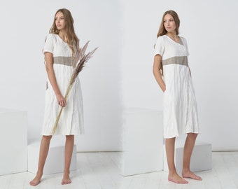 Loose Linen Summer Dress - Soft White Linen Dress with Side Pockets