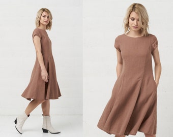 Summer Linen Dress with Pockets - Feminine Womens Midi Dresses