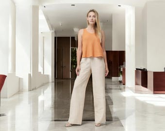 Womens Wide Leg Linen Pants in 6 Colors - Palazzo Style with Side Pockets