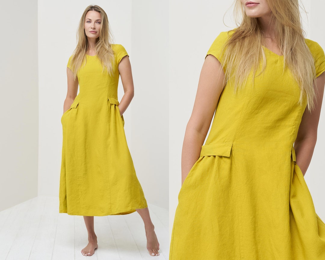Loose Linen Summer Dress With Sleeves and Pockets Natural Organic ...