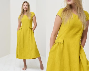 Loose Linen Summer Dress with Sleeves and Pockets - Natural Organic Fabric for Comfort