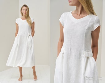 Robe d'été en lin coupe décontractée - Robe en lin douce pour femme avec manches et poches