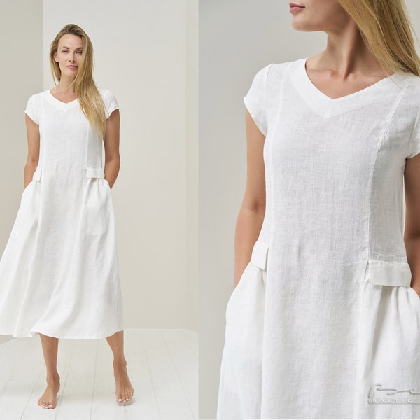 Robe d'été en lin coupe décontractée - Robe en lin douce pour femme avec manches et poches