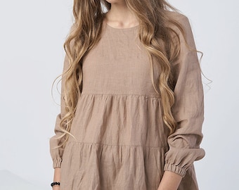 Handgemachte Leinen Top Bluse - Langarm Shirt für Frauen
