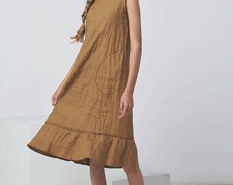 Loose Pure Linen Summer Dress with Round Neck and V-Back