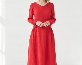 Long Sleeve Linen Summer Dress with Side Pockets - Plus Size Available!