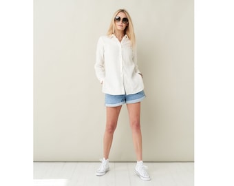 Linen Button-Down Collar Shirt for Summer - Linen top, Long Sleeve Organic Shirt