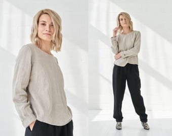 Damen Herbst Leinen Top Bluse - Langarm Shirt für Arbeitskleidung und Freizeitkleidung