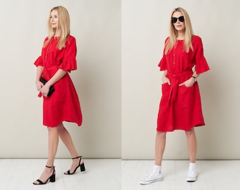 Organic Linen Sundress: Loose and Elegant Summer Dress for Women with Built-in Belt