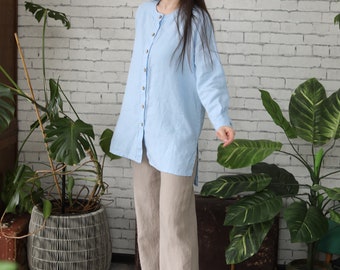 Linen Shirt Top - Womens Long Sleeve Button Down Blouse with Shirttail Hem