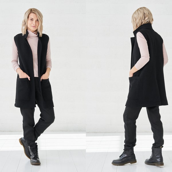 Gilet d'hiver, Gilet long pour femme, Gilet en laine avec poches, Gilet grande taille