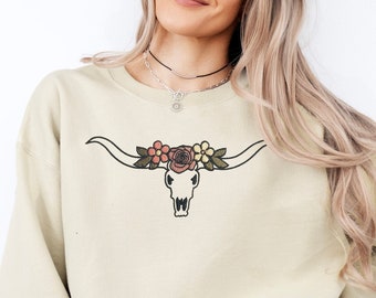 Embroidered Bull Skull Sweatshirt, Longhorn Cowgirl Sweatshirt, Western Shirt, Rodeo Shirt, Western, Cowgirl, Country Shirt, Boho, Cowgirl