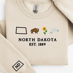 North Dakota Embroidered Sweatshirt, North Dakota Icons Crewneck, Embroidered North Dakota State, ND Shirt, North Dakota Gift, ND Hoodie