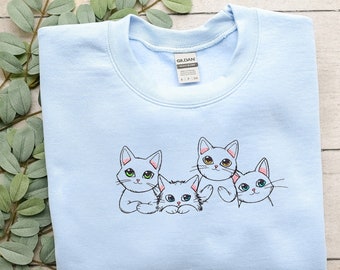 Adorable Cats Embroidered Sweatshirt, Cottagecore Shirt, Crewneck Aesthetic Sweatshirt, Gift for Cat Lovers, Countrycore, Cute Cat Shirt