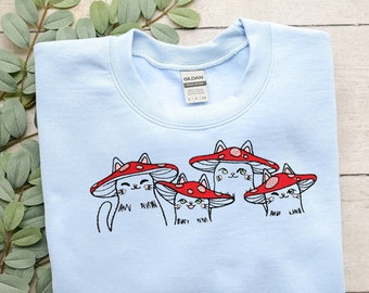 Pilz Katzen Besticktes Sweatshirt, Cottagecore Shirt, Crewneck Aesthetic Sweatshirt, Geschenk für Katzenliebhaber, Countrycore, Pilz Shirt