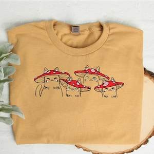 Mushroom Cats Embroidered Tshirt, Cottagecore Shirt, Crewneck Aesthetic Tee Shirt, Gift for Cat Lovers, Countrycore, Mushroom Shirt