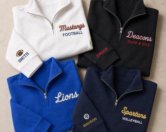 Personalized Embroidered Team Quarter Zip with School Mascot Sport and Sleeve Name, Custom Team Quarter Zip, Embroidered Sport Name Pullover