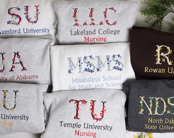 Custom College Floral Embroidered Shirt, Crewneck University Sweatshirt, College Hoodie Sweatshirt, High School Hoodie, Graduation Gift