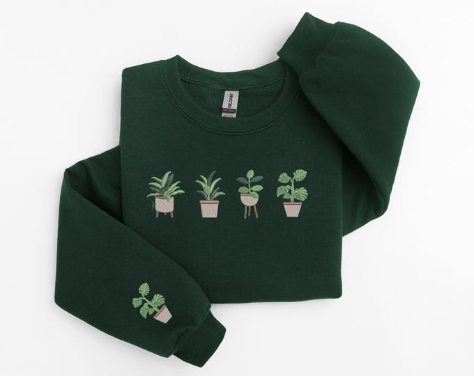 Embroidered Houseplant Sweatshirt, Icons Plant Lover Crewneck, Plant Mom, Garden, Green Thumb Garden Gift Nature Aesthetic, Cute Plant Shirt