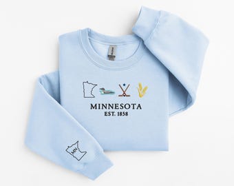 Minnesota Embroidered Sweatshirt, Minnesota Icons Crewneck, Embroidered Minnesota State, MN Shirt, Minnesota Hoodie, Minnesota Gift