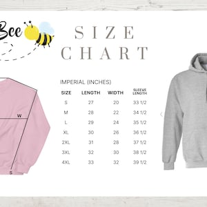 May include: A light pink sweatshirt and a gray hooded sweatshirt are displayed next to a size chart. The chart shows measurements in inches for length, width, and sleeve length, ranging from size S to 4XL.