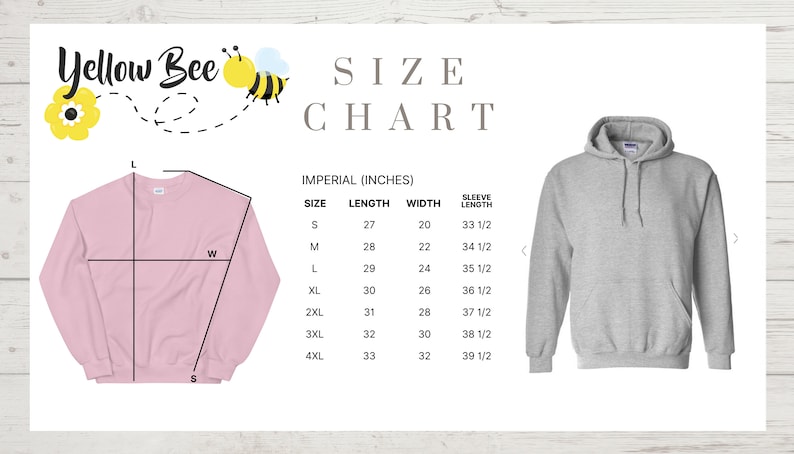 May include: A light pink sweatshirt and a gray hooded sweatshirt are displayed next to a size chart. The chart shows measurements in inches for length, width, and sleeve length, ranging from size S to 4XL.