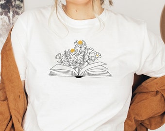 Blumen Bücher T Shirt, Leseshirt, Besticktes Blumen Wildblume Shirt, Stickerei Shirt Teen Shirt, Süßes Leseshirt, Buch Nerd Shirt
