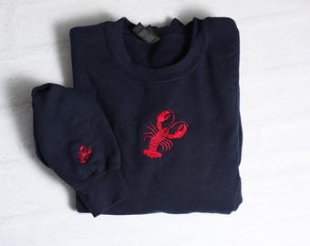 Embroidered Lobster Sweatshirt, Fisherman Aesthetic, Oceancore, Nautical Trendy Crewneck, Lobster Lover Gift Lobster Crewneck Hoodie, Sleeve