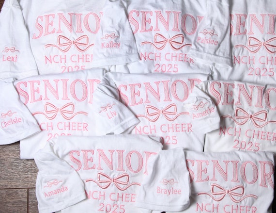 Embroidered Senior Tshirt, Coquette Bow, Custom Senior Night, Senior Sunrise, Crewneck Senior Team Shirts, Class of 2026, Senior Cheer Gift
