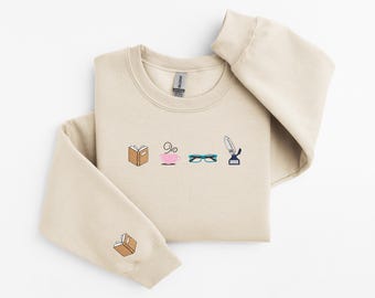 Embroidered Book Icons Sweatshirt, Bookish Crewneck, Book Lover Hoodie, Reading Sweatshirt, Bookish Shirt, Gift For Her, Book Lover Gift,