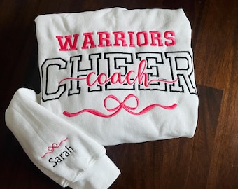 Embroidered Cheer Coach Sweatshirt Cheerleading Coach Hoodie Coquette Bow Personalized Sweater Cheer Team Coach Gift Name Crewneck Hoodie