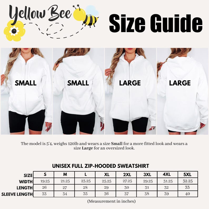 Pu&ograve; includere: Tabella delle taglie per una felpa con cappuccio con zip completa unisex. La tabella mostra le misure in pollici per larghezza, lunghezza e lunghezza della manica per le taglie dalla S alla 5XL.