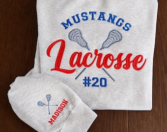 Embroidered Lacrosse Sweatshirt, Custom Team  Name, Jersey Number, Lacrosse Mom Hoodie, Personalized Team Crewneck Name and Number on Sleeve