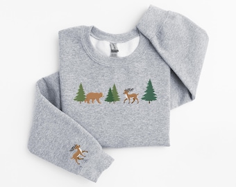 Embroidered Forest Animals Sweatshirt,  Bear and Deer Pullover Crewneck, Nature Sweatshirt, Nature Lover Gift, Wilderness, Aesthetic Nature